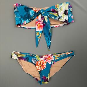 PQ Swim Floral Bandeau Bikini Set L | Tropical Tie Front Strapless Two Piece